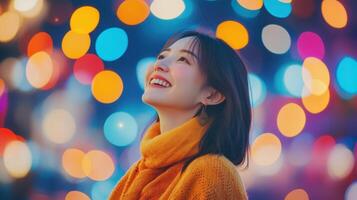 Smiling Woman Looking at Colorful Bokeh Lights Celebrates Holiday Season photo