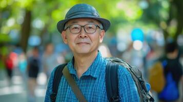 Smiling Asian Senior With Hat and Backpack Ready for Travel and Adventure photo