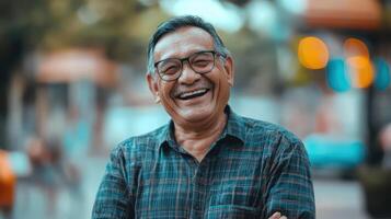 Radiating Joy, Portrait Mature Man Laughing with Glasses in Outdoor Setting, Showing Happiness. photo