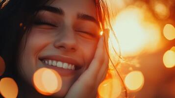 Radiant Smile, Portrait Charming Woman Bathed Warmth Sun Beautiful Day photo