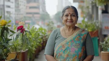 Smiling Senior Woman Portrait with Flowers and Cityscape Backdrop in India photo