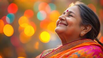 Serene Indian Woman Smiling, Traditional Saree, Bindi, Festive Lights, Glowing photo