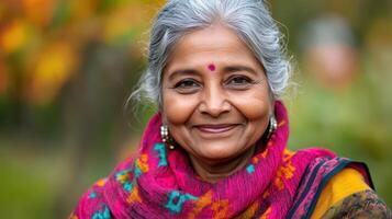 Portrait Of Smiling Indian Woman With Silver Hair And Bindi - Expressive Face Showing Happiness And Warmth photo