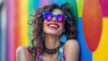 Smiling Brunette with Sunglasses, Rainbow Wall Backdrop, Radiant Joy and Fashionable Style photo