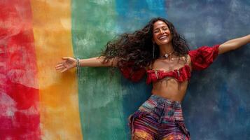 Smiling Woman with Curly Hair Leaning Against Colorful Wall, Radiating Joyful Colorful Energy photo