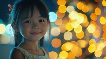 Charming Young Girl Portrait with Bokeh Lights Background Smiling Lovingly photo