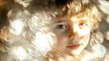 Golden Light on Child's Face, Portrait of Innocence and Wonder photo