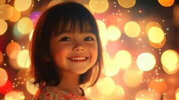 Smiling Girl portrait in golden Lights Ambience, Happiness and Innocence captured in charming Scene. photo