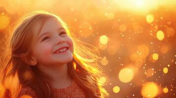 Happy Smiling Girl with Blonde Hair and Golden Bokeh Background. Sunlight Dreams photo