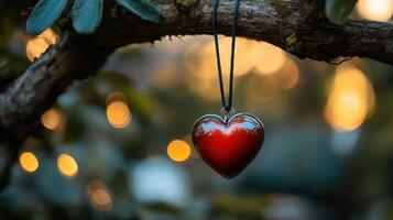 Red Heart Tree, Romantic Heart Pendant Hanging on Nature Branch with Bokeh Lights Background photo