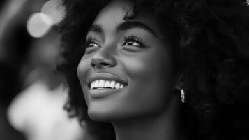 Smiling Woman's Upward Gaze, Black and White Portrait Beauty and Joy photo