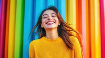 Radiant Smile on Colorful Background, Joyful Woman in Yellow Sweater, Expressing Happiness and Warmth photo