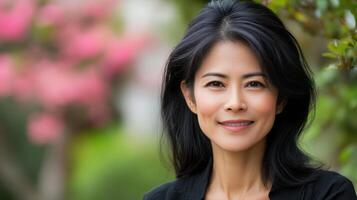 Elegant Asian Woman Portrait, Beauty, Smiling Face, Dark Hair, Soft Light, Natural Backdrop photo