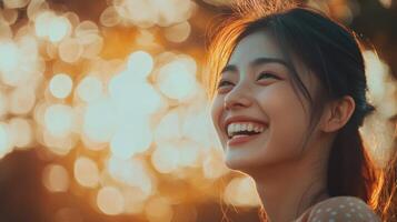 Radiant Smile Happy Woman with Golden Light and Joyful Expression photo