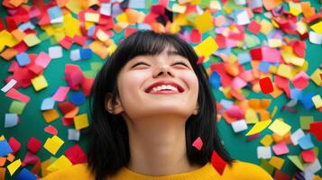 Smiling Woman Surrounded By Falling Colorful Confetti, Celebration And Happiness. photo