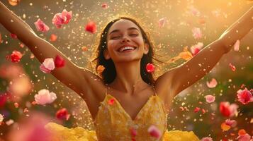 Smiling Girl Embracing Joy Under Falling Petals, Experiencing Positive Energy and Freedom, Feeling Happiness and Well-being photo