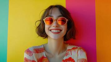 Smiling Woman with Orange Sunglasses Against Vibrant Colors Background photo