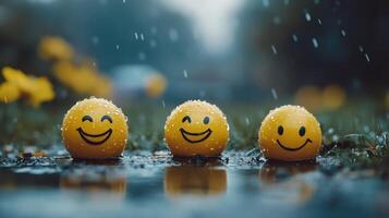 Yellow Smileys Faces Joyful in Rain, Rainy Days Happiness and Positive Vibes photo
