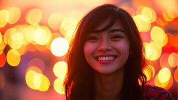 Smiling Brunette Beauty, Radiance Amidst Glowing Light Orbs Backdrop photo