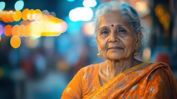 Portrait of Woman with Saree and Bindi, Indian Senior Woman's Beauty photo