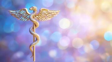 Golden Caduceus Medicine Symbol with Wings on Bokeh Background for Healthcare and Medical Services photo