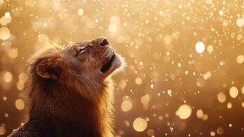 Majestic Lion Roaring in Golden Bokeh Light, Powerful Wildlife Moment under Warm Tone photo