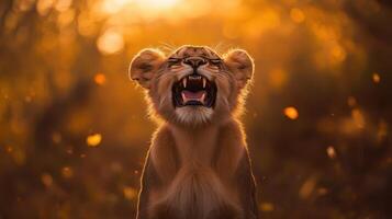 Lion Roaring Portrait in Golden Light, Close-up Showing Teeth and Expression of Wild Animal. photo