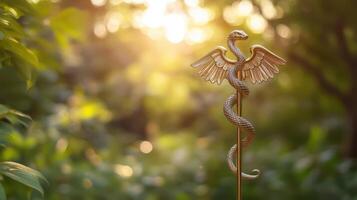 Golden Caduceus Symbol Ascending, Shining Light on Healthcare's Healing Power photo