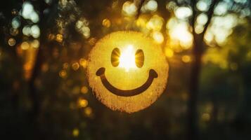 Golden Happy Face, Shining Smile Emitting Sunlight Through Mesh photo