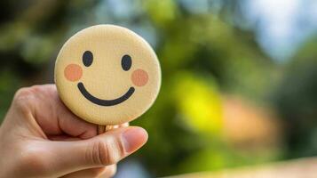 Happiness Held, Smiley Face in Hand with Greenery Background, Positive Mood and Joyful Feelings photo