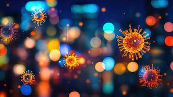 Viruses on Night City, Coronavirus Pandemic Impact on City Life Under Bright Lights photo