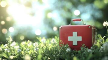 Red First Aid Kit With Plus Symbol in Nature Environment Offering Emergency Medical Help for Health Wellness photo