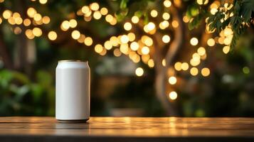Refreshing Drink, White Can on Wooden Table with Bokeh Lights, Perfect for Summer Evenings. photo