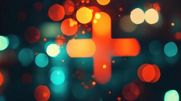 Abstract Plus Sign with Bokeh Effect, Dark Night with Vibrant Glowing Circles Background photo