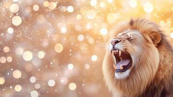 Majestic Roaring Lion Portrait with Golden Bokeh Backdrop - Fierce, Powerful, Regal photo