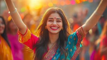 Joyful Celebration, Smiling Woman Dances with Arms Raised in Bright Sunlight and Vibrant Sari photo