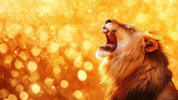 Majestic Roaring Lion Portrait Against Golden Bokeh Backgrounds, Power and Wild photo