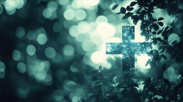 Nature's Cross, Abstract Light Play with Foliage and Teal Hues Creates Serene Feeling. photo