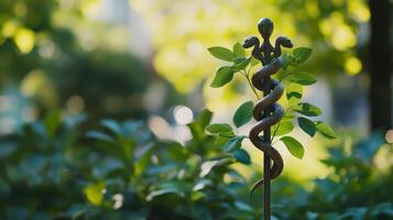 Bronze Caduceus with Snake Coiled around Rod Symbol amidst Lush Greenery photo