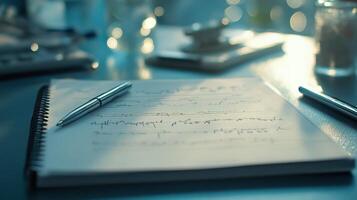 Notepad Scribbles, Pen on Paper for Creative Ideas and Note Taking on Desk with Blurred Background photo