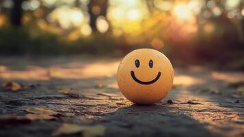 Smiley Face Ball Rolling Down Path at Sunset, Positive Emotions and Outdoor Fun photo