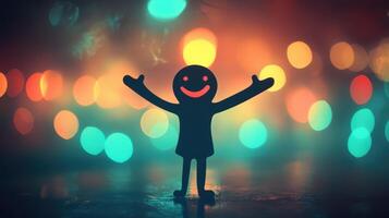 sonriente figura con luces fondo, alegre celebracion y festivo resplandor foto