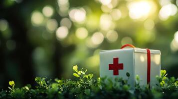 First Aid Kit Box with Red Cross on Greenery. Health and Wellness Emergency Preparedness in Nature's Setting photo