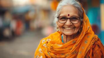 Radiant Senior, Joyful Smile Indian Woman in Orange Scarf and Eyeglasses Portrait photo