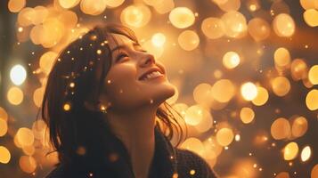 Smiling Woman Glimmering Light, Capturing Joy Sparkles Festive Mood photo