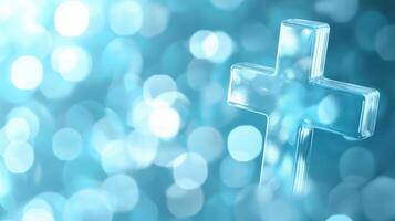 Clear Glass Cross on Blue Sparkling Background Expressing Faith and Christian Belief with Soft Light photo