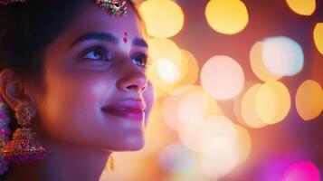 Beautiful Indian Woman Looking Up with Bindi and Jewelry in Bokeh Lights Setting photo