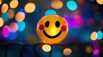 Glowing Smiley Face with Bokeh Lights. Joyful Emoji Smile with Cheerful Expression photo