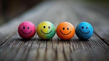Colorful Smiles, Four Happy Faces on Rustic Wood Surface Conveying Positive Vibes photo