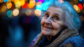 Charming Elder Woman with Bokeh Background, Portrait of Joy and Wisdom Experience photo